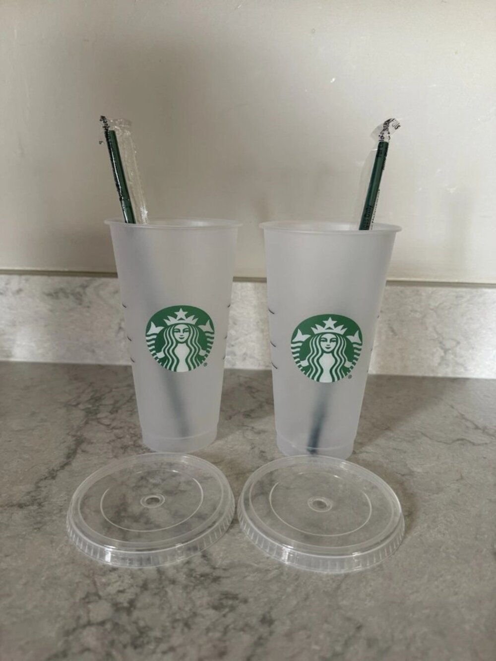 2 Starbucks Reusable Clear-Frost Cold Cup Tumblers Venti 24 Oz with Lid & Straw